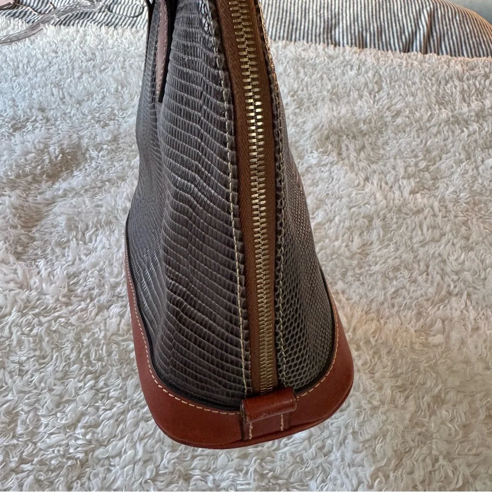 Dooney & Bourke Lizard Embossed Leather Domed Satchel | Brown Leather W/Strap - Picture 6 of 16